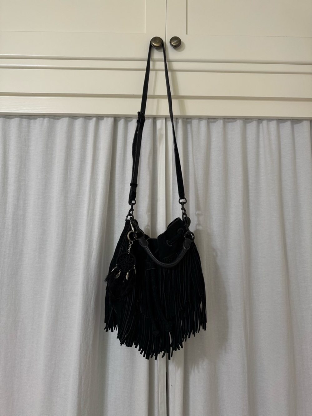 Rebecca Minkoff Fiona Black Fringe Crossbody Bucket Bag